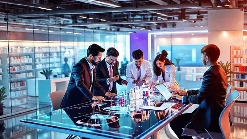Equipo innovador en entorno futurista y digital