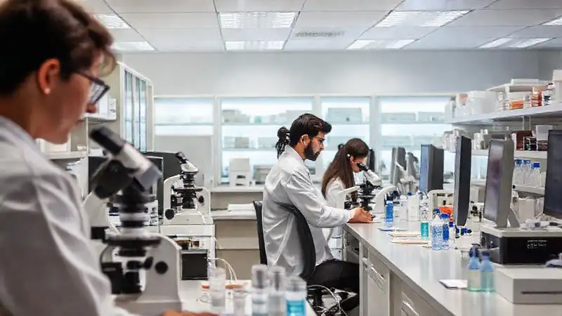 Equipo de laboratorio farmacéutico en práctica estudiantil