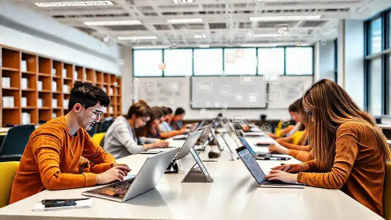Estudiantes usando tecnología en aula moderna