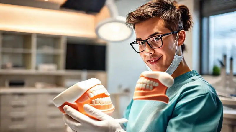 Estudiante de odontología practica en clínica moderna