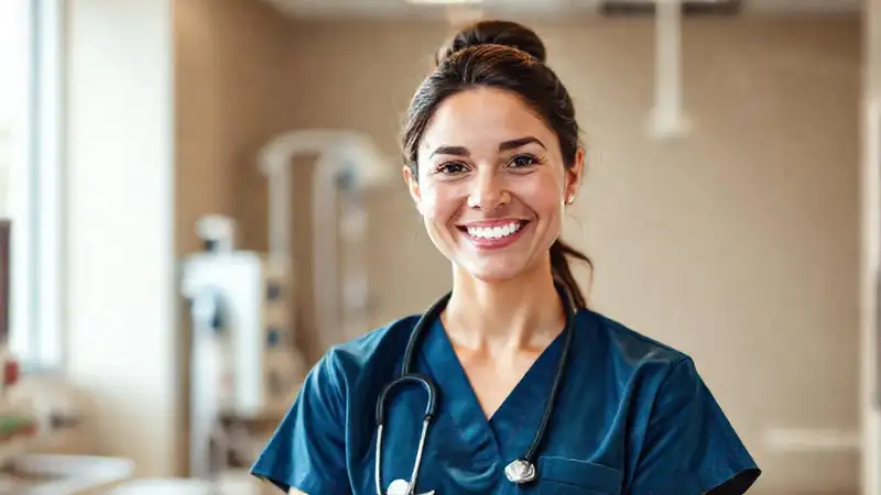 Enfermera sonriente en entorno hospitalario profesional