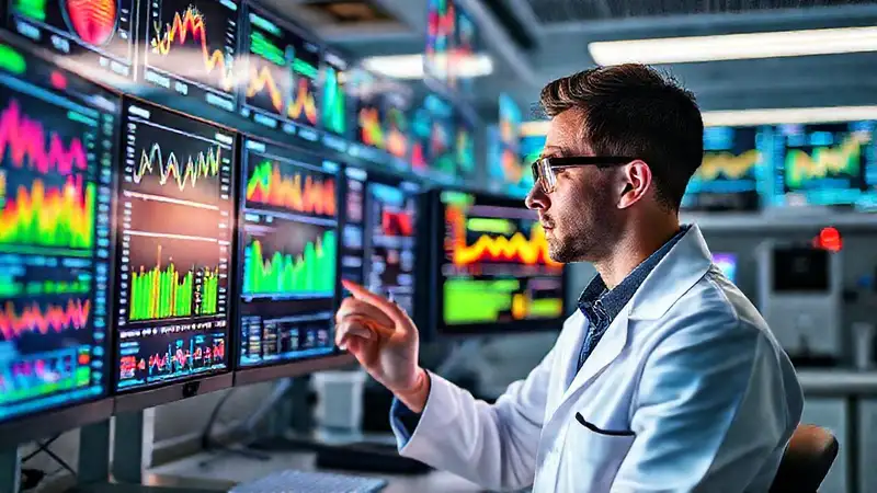 Técnico analiza datos visuales en laboratorio futurista