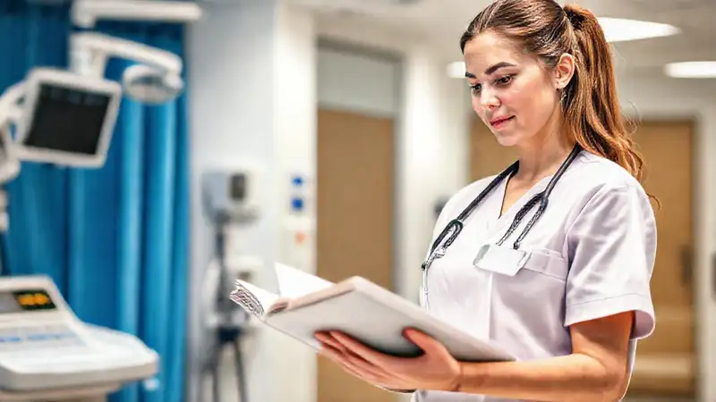Estudiante de enfermería estudia en hospital moderno
