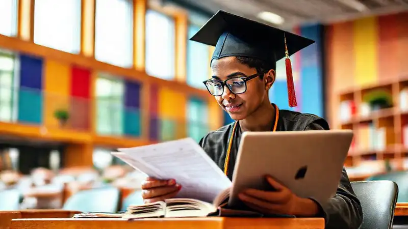 Estudiante preparado en entorno académico vibrante