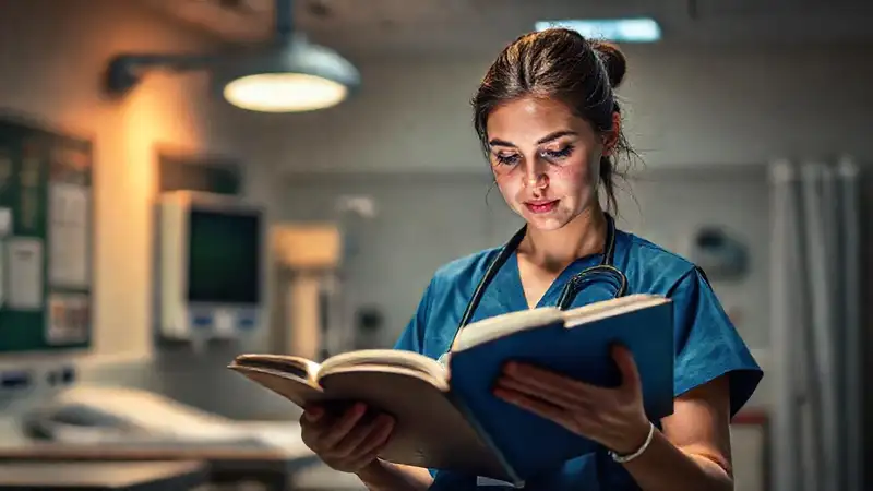 Estudiante de enfermería estudiando en ambiente profesional