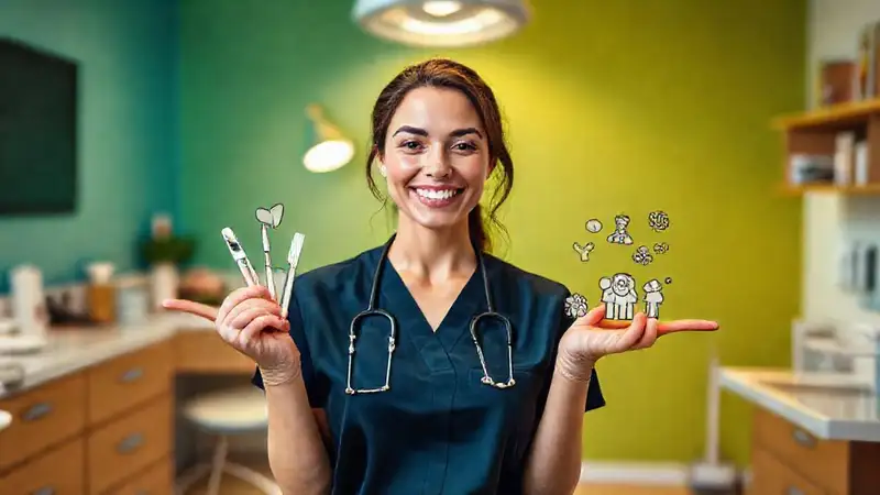 Dentista sonriente en clínica moderna y cálida