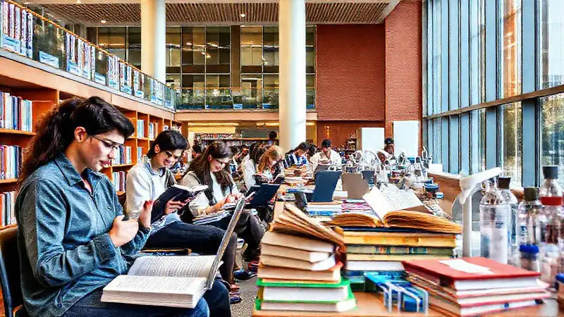 Estudiantes estudiando en biblioteca moderna y vibrante