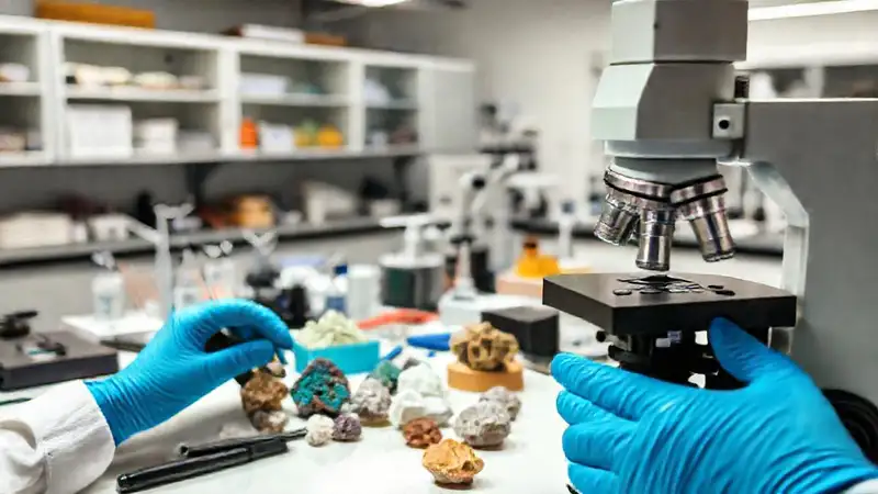 Laboratorio con muestras minerales y herramientas portátiles