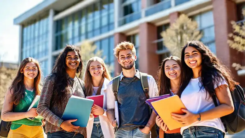 Estudiantes de farmacia en campus universitario soleado