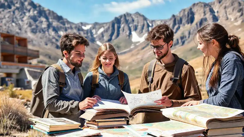 Estudiantes de geología en campus al aire libre