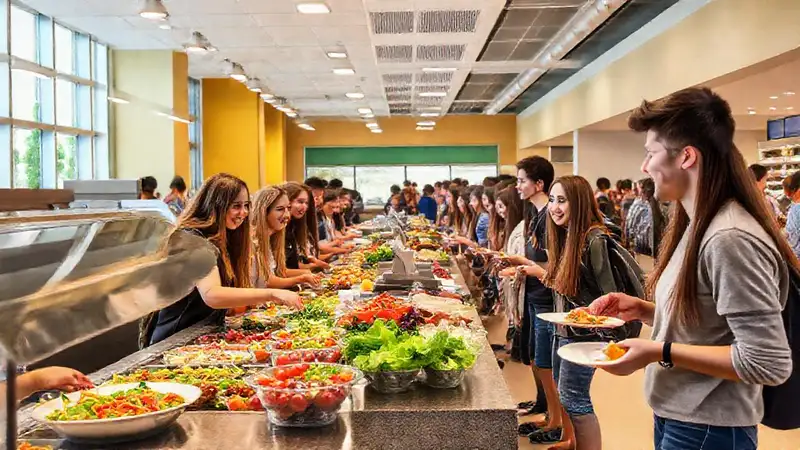 Cafetería universitaria con comida saludable y moderna