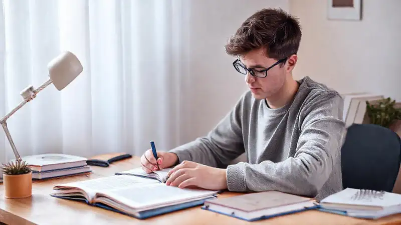 Estudiante calmado con notas organizadas y relajantes