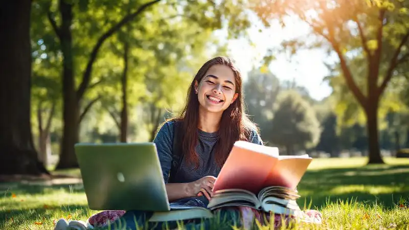 Estudiante estudiando tranquilamente en parque soleado
