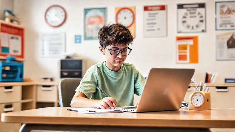 Estudiante concentrado en aula moderna organizada
