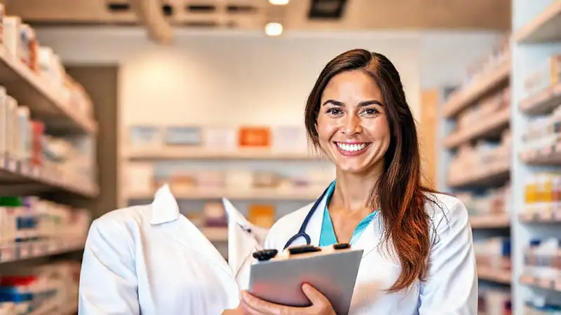 Farmacéutica sonriente en ambiente moderno y ordenado