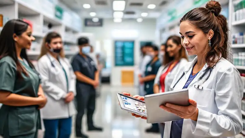 Farmacéutica moderna en entorno saludable y tech