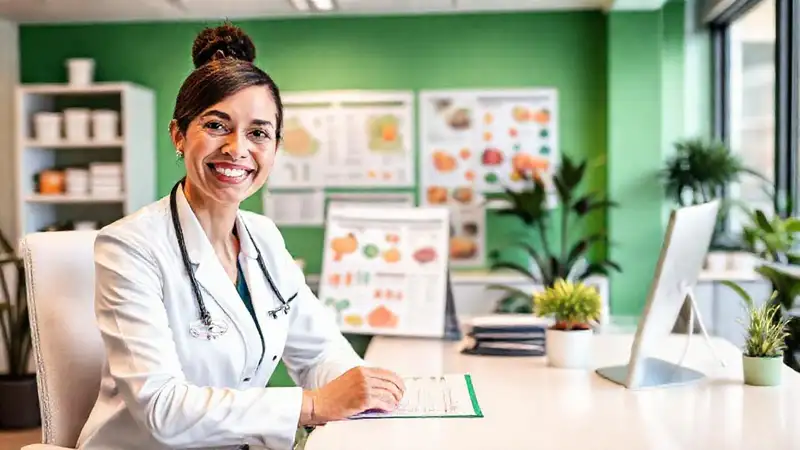 Asesoría nutricional en oficina moderna y colorida