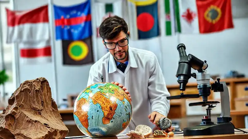 Estudiante de geología con símbolos globales