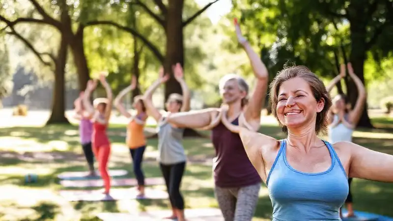 Personas haciendo yoga en parque soleado