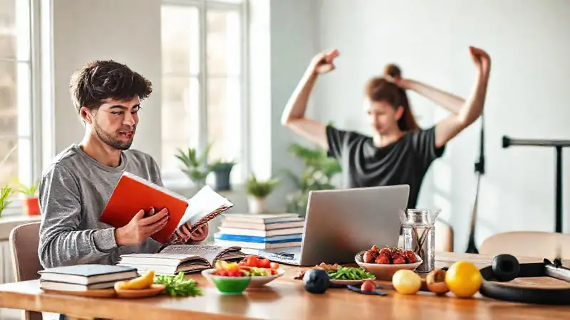 Persona equilibrada estudiando, haciendo ejercicio y comiendo saludable