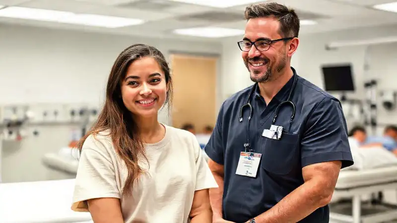 Estudiante en prácticas con mentor en hospital moderno