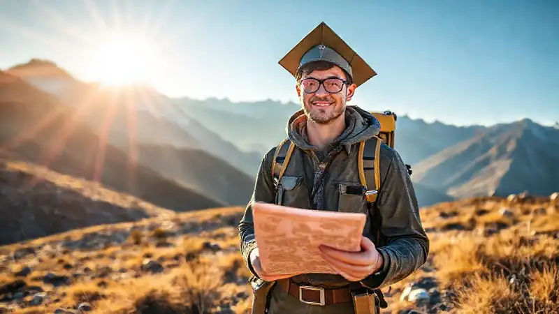 Estudiante de geología en campo montañoso