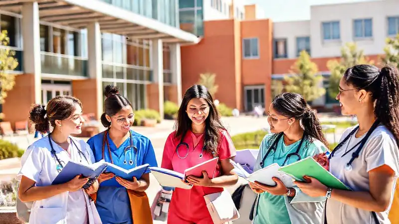 Campus universitario moderno con estudiantes de enfermería