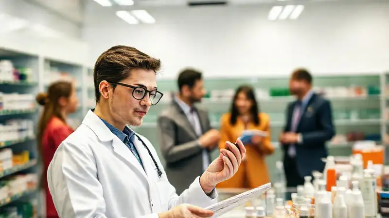 Farmacéuto joven revisando medicamentos en farmacia moderna
