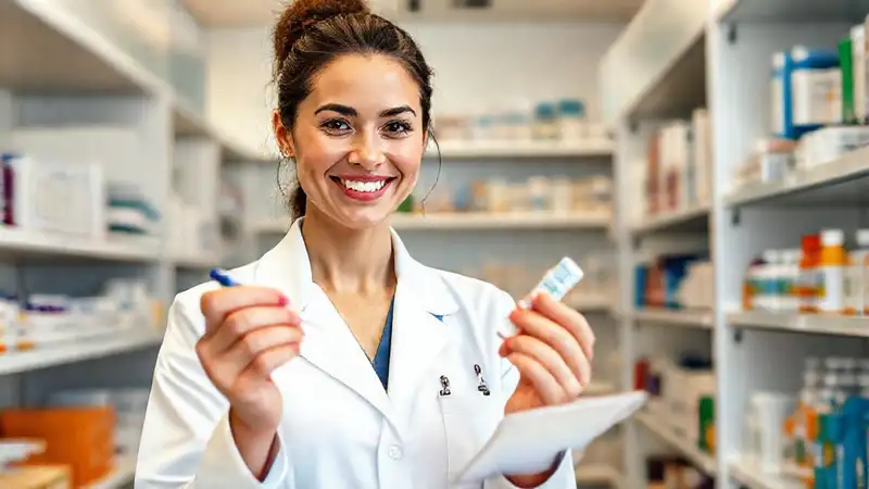 Farmacéutico examinando medicamentos en farmacia moderna