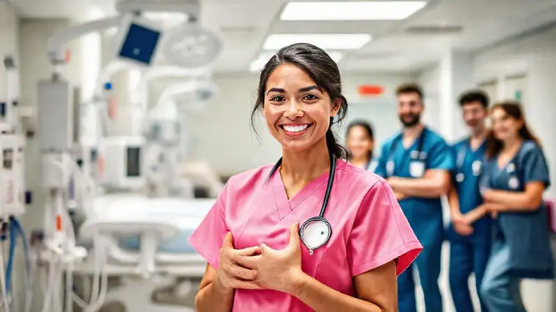 Estudiante de enfermería sonriente en hospital moderno