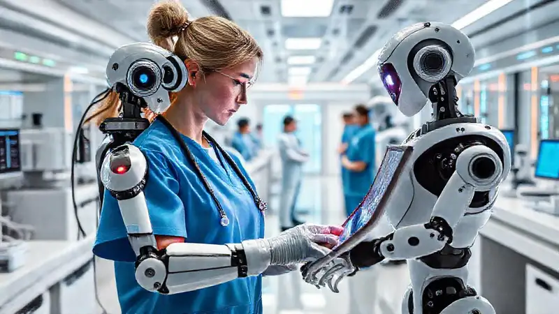 Enfermera futurista con tecnología avanzada