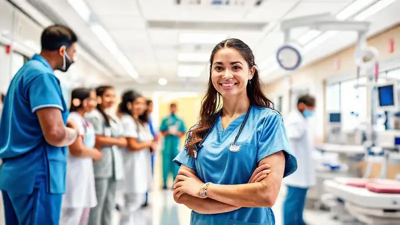 Enfermera internacional en hospital multicultural y moderno