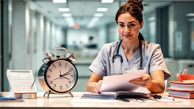Enfermera organizando en hospital con enfoque en tiempo