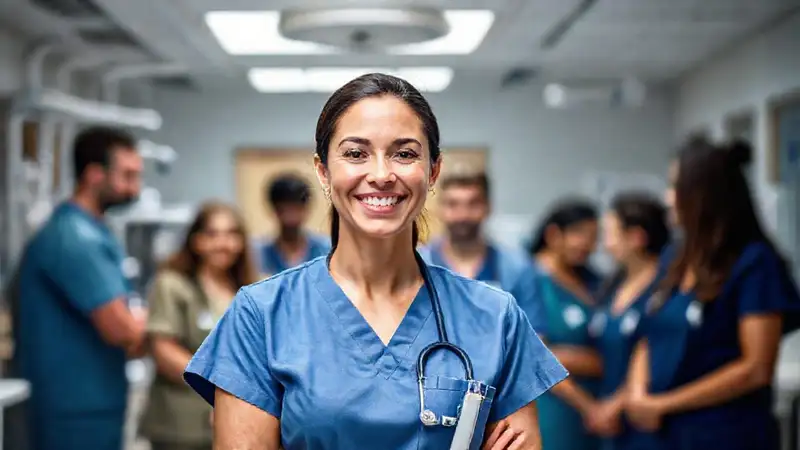 Enfermera sonriente, cuidado y compasión en hospital