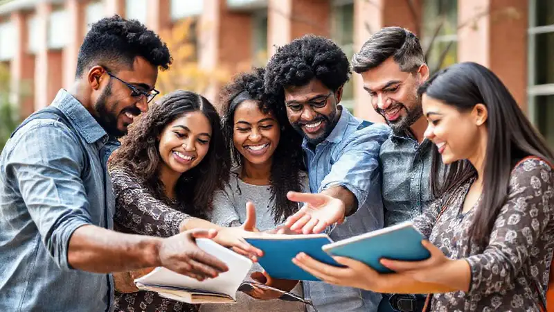 Estudiantes y mentores apoyándose en campus universitario