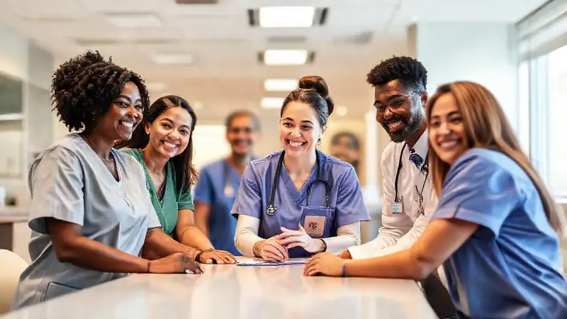 Enfermera lidera equipo diverso en hospital moderno