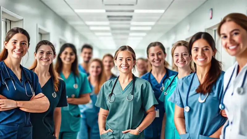 Corredor hospitalario con enfermeros sonrientes y equipo