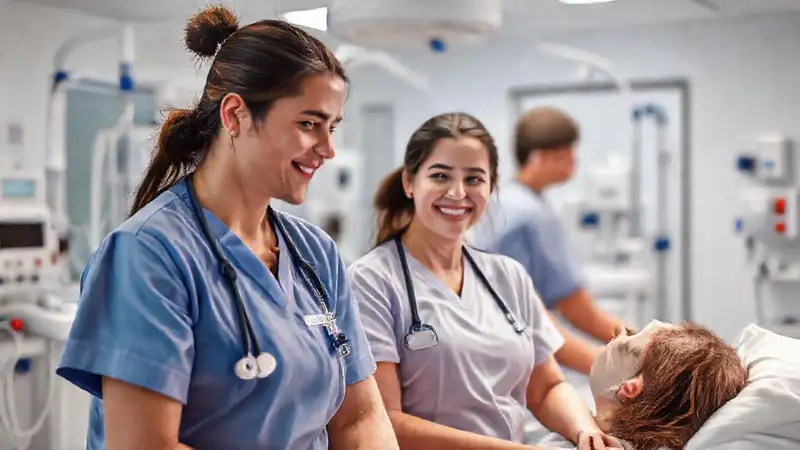 Enfermeros profesionales en hospital moderno y limpio