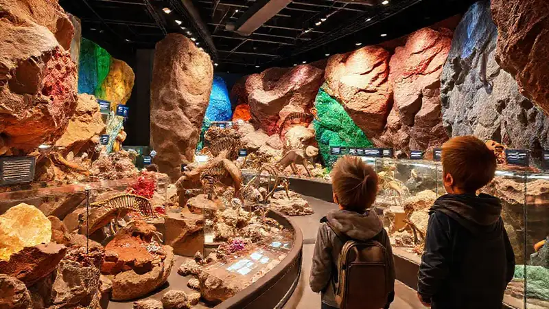 Visitante curioso en museo de minerales y fósiles