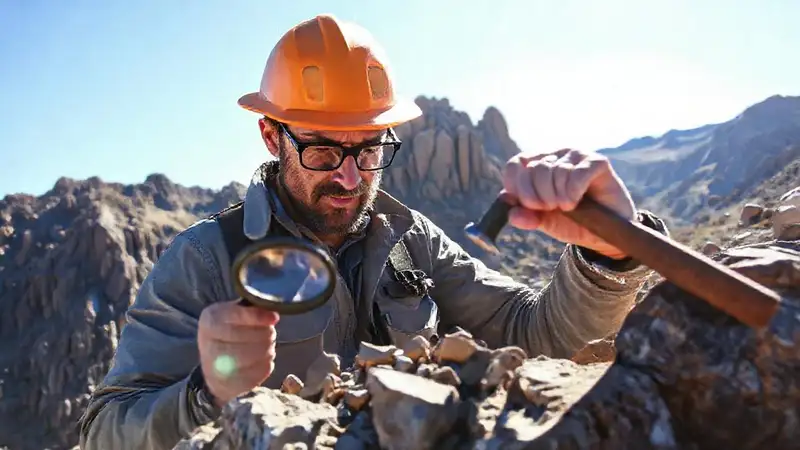 Geólogo analiza rocas en paisaje montañoso