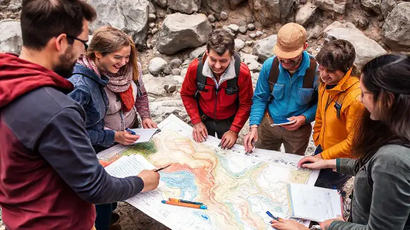 Equipo diverso colaborando en mapa geológico