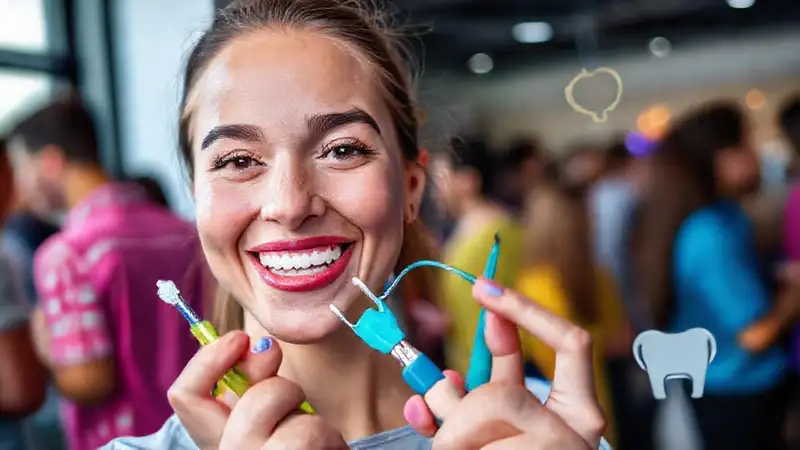 Persona sonriendo con herramientas dentales y alegría