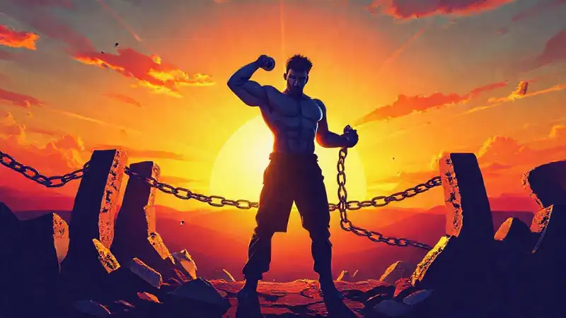 Persona fuerte rompiendo cadenas con arte vibrante