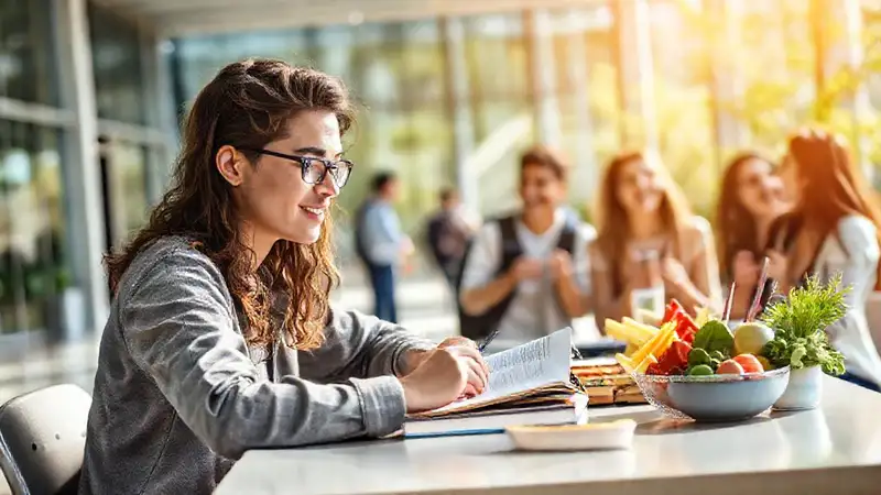 Estudiante universitario con comida