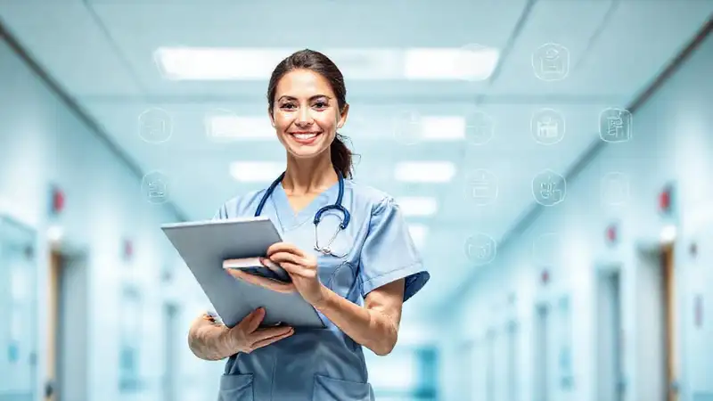 Enfermera con libros y tablet en hospital moderno
