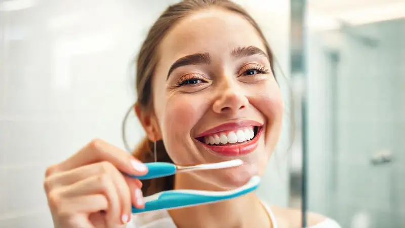 Persona sonriendo cepillándose los dientes