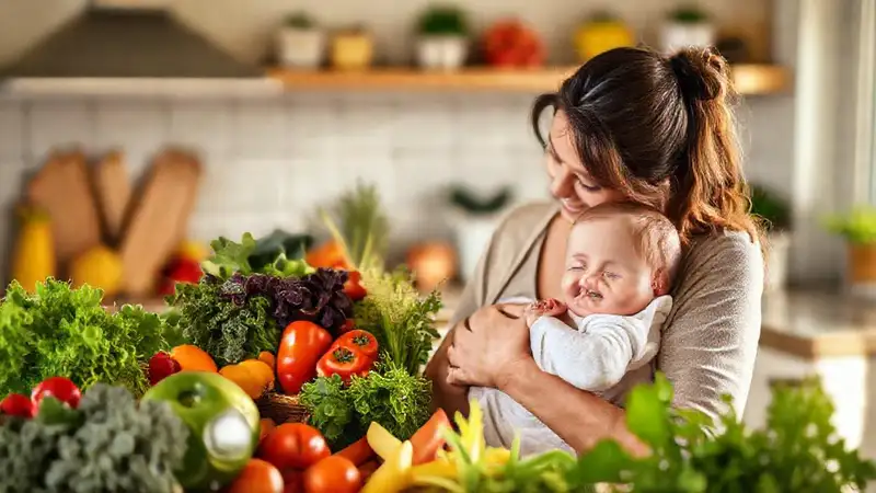 Mujer amamantando con frutas en cocina saludable