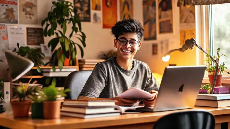 Estudiante feliz estudiando en un ambiente acogedor