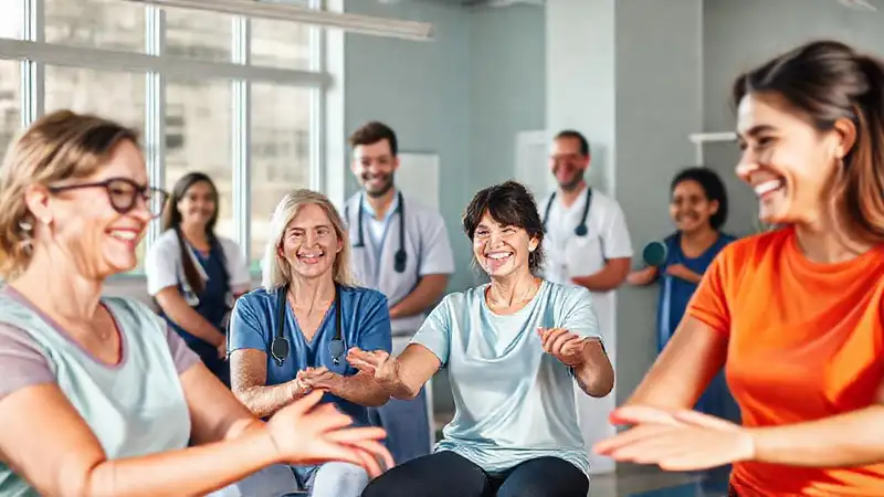 Pacientes sonrientes en clínica moderna y motivadora
