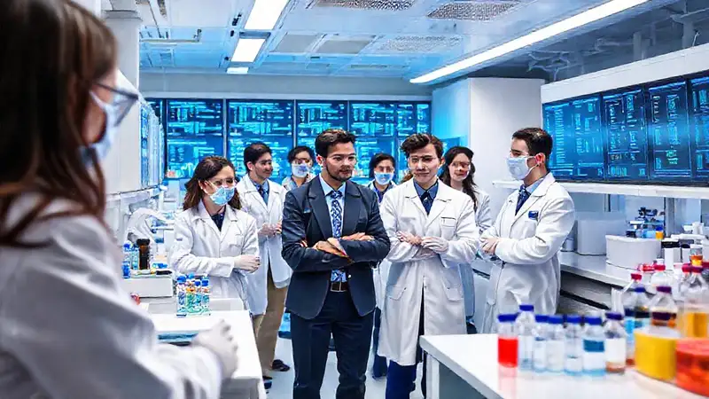 Profesionales en laboratorio con tecnología avanzada y colaboración